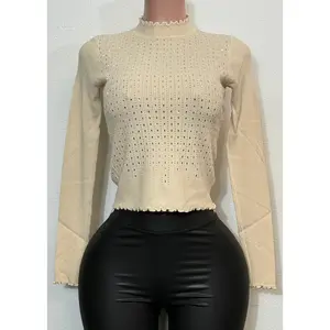 MALIA BEIGE RHINESTONE LONG SLEEVE HIGH NECK SWEATER TOP