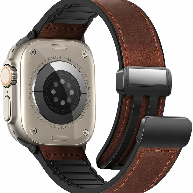 Genuine Leather Magnetic Buckle Watch Band - Multi-Size Adjustable, 3-Piece Replacement Strap for 38mm/40mm/41mm/42mm/44mm/45mm/46(S10)/49mm Smart Watch Ultra Series, All Sizes Covered, Manufacturer Warranty, Wearable Accessory, Manufacturer Warrenty