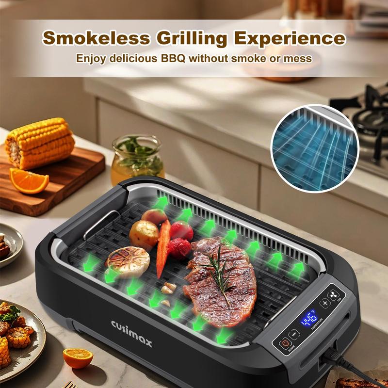 CUSIMAX Smokeless Indoor Grill 1500W Electric Korean BBQ with LED Display & Tempered Glass Lid Non-stick Removable Plate Turbo Smoke Extractor Black New Model grill rack electric mini