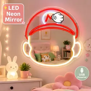Mario LED Neon Mirror for Boys Room, Cool Cartoon Character Wall Mirror, USB Powered, Bedroom Decor, Dimmable Glow, Transparent Acrylic Backboard, Fun Gift for Boys and Teens, Playful Room Lighting