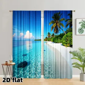 2D Flat 2Pcs Tropical Beach Paradise Curtains, Turquoise Ocean Palm Tree Design, Rod Pocket Style, Semi Sheer Polyester Fabric, Suitable for Living Room Bedroom Bathroom Kitchen Office Window Treatment, Coastal Theme Home Decor, Easy to Clean
