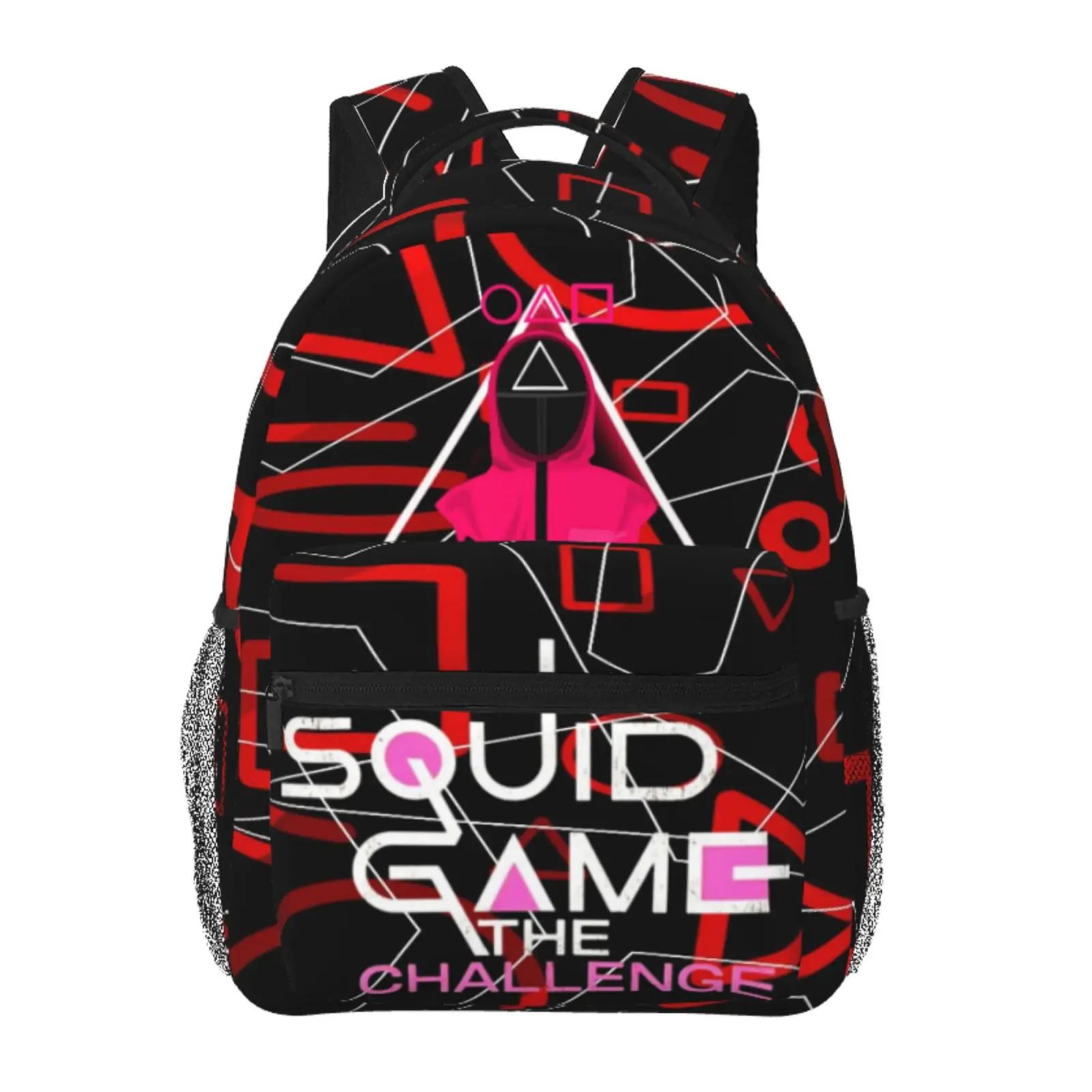 Squid Game Print Swag Backpacks for Men & Women, Casual Oxford School Bag with Adjustable Shoulder Strap, Fits 15.6" Laptop for a Back to School Haul, All Over Print, Character Art, Full-Wrap Print