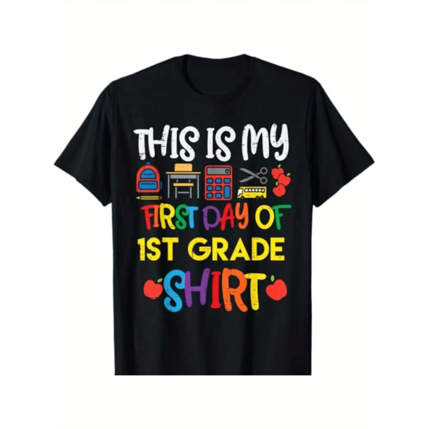 Boys & Girls First Day of School 1st Grade Graphic T-Shirt - Colorful School Supplies Design Crew Neck Short Sleeve Tee for Kids Students Back to School Gift