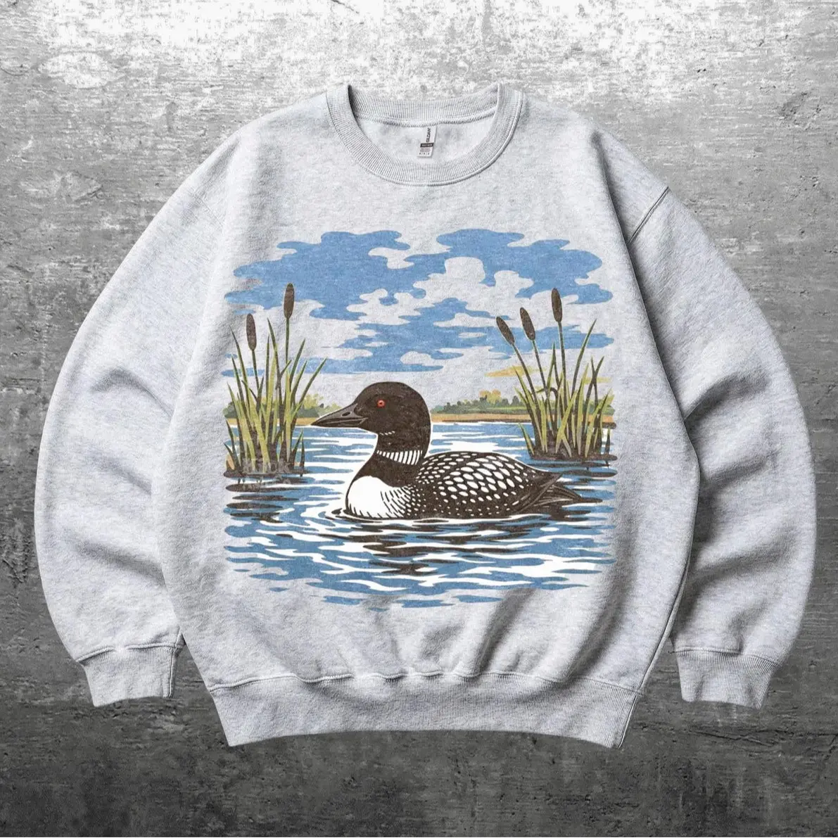 Vintage Common Loon Bird On Lake Water Graphic Sweatshirt And T-Shirt | Northern Wildlife Nature Aesthetic Bird Watching Pullover Country Gift