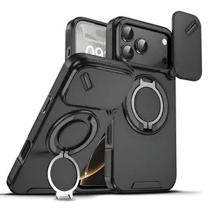 360 Rotating Ring Kickstand Case For iPhone 17 Pro Max 16 Plus 15 14 13 12 with Slide Camera Lens Protection Cover, Wireless MagSafe Magnetic Holder Military Grade Shockproof Protective Phone Cover Protector