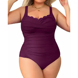 Aqua Eve Women Plus Size Swimsuits One Piece Tummy Control Bathing Suits Retro Scalloped Twist Front Swimwear