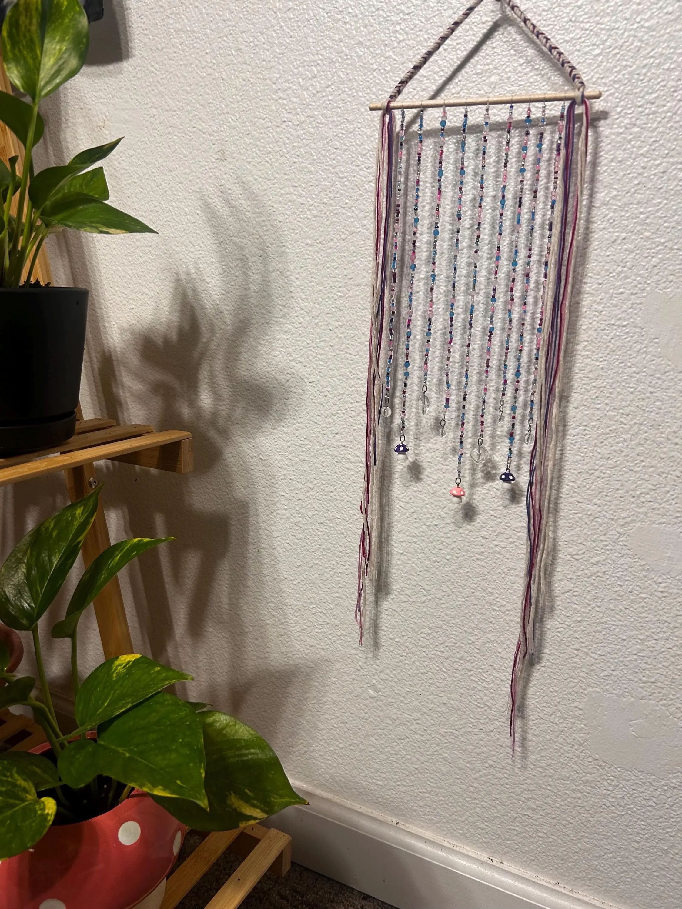 Handmade Mushroom Beaded Wall Hanging – Boho Fairycore Crystal Decor