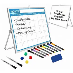 Desktop Whiteboard with Calendar 12x16 Inch, Double Sided Tabletop Whiteboard with 10  Markers (for Small Grids), 15-Pc Portable Monthly Planner for Office & School