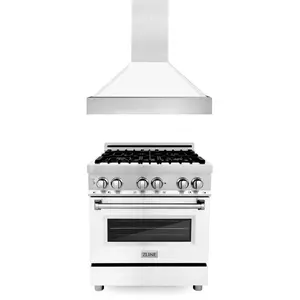 ZLINE 30 in. Kitchen Package with Stainless Steel Dual Fuel Range with White Matte Door and Convertible Vent Range Hood (2KP-RAWMRH30)