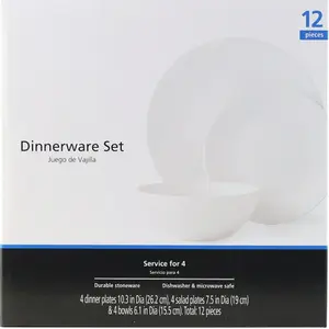 Glazed White Stoneware Dinnerware Set - 12-Pieces, Classic Design for Home Use