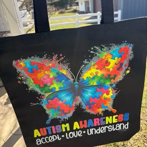 Large autism awareness canvas tote bag