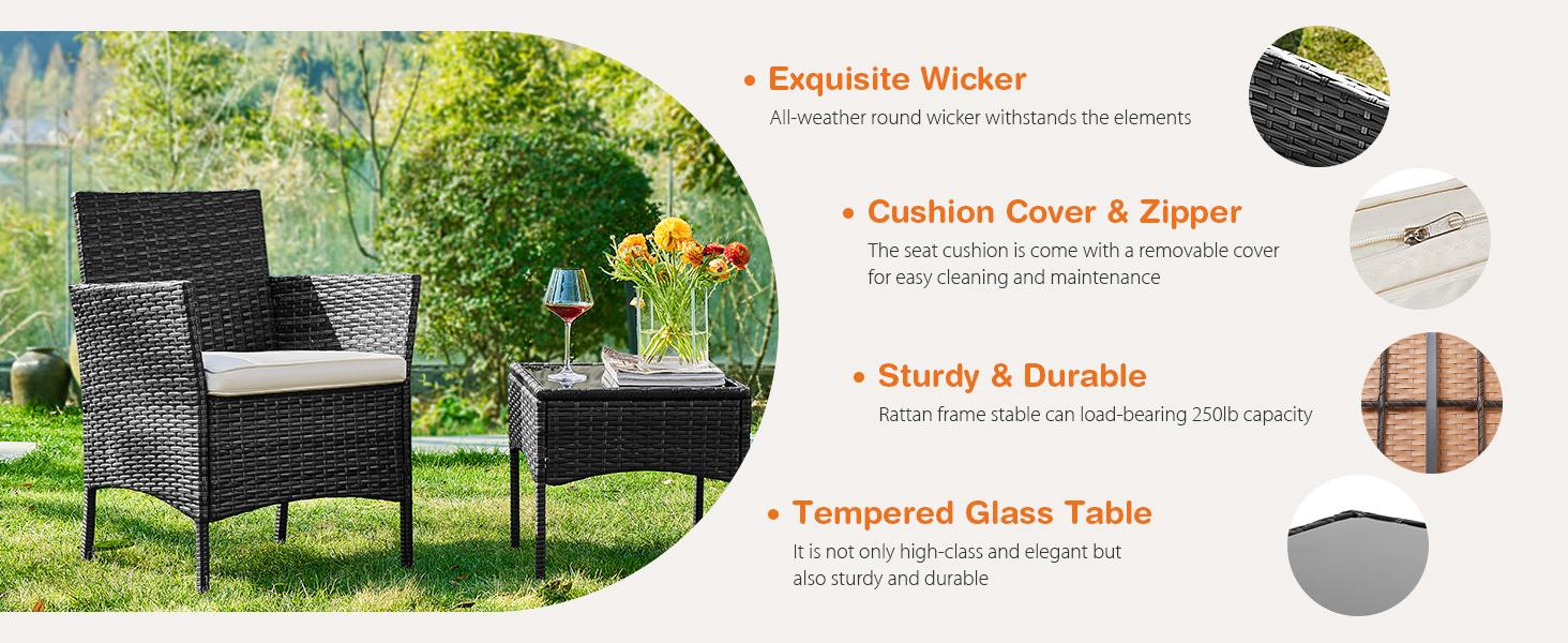 3-Piece Patio Furniture Set, Wicker Outdoor PE Rattan Furniture with Coffee Table & Washable Cushion, Compact Bistro Conversation Seating for Balcony, Garden, Poolside 3-Piece Patio Furniture Set, Wicker Outdoor PE Rattan Furniture with Coffee Table & Washable Cushion, Compact Bistro Conversation Seating for Balcony, Garden, Poolside