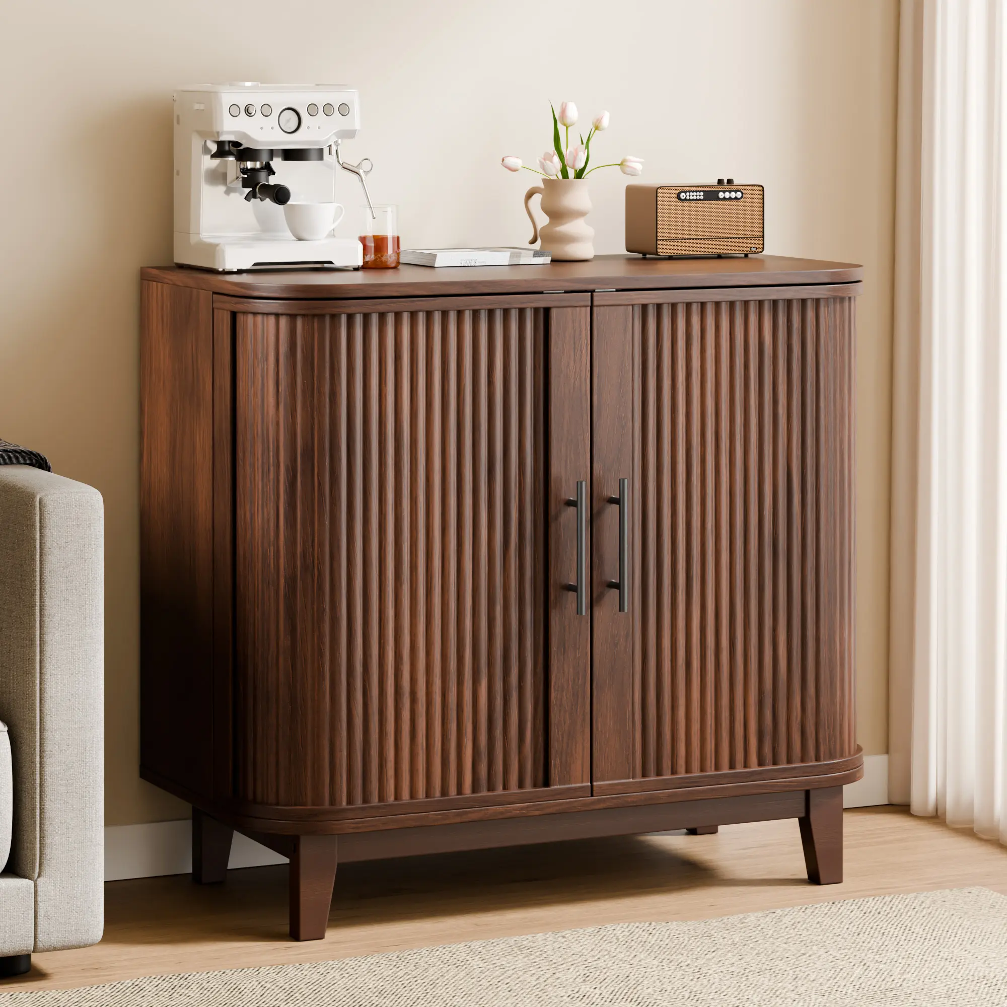31.5" Fluted Sideboard Buffet Cabinet Walnut Finish, Coffee Bar Cabinet with Adjustable Storage Shelves, Wooden Console Cabinet for Dining Room Kitchen Entryway
