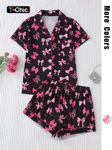 Women's Bow Print Fitted Pajama Set Pjs, Button Front Short Sleeve Top & Elastic Waist Shorts, Casual All Season Sleepwear & Loungewear