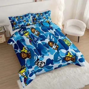 Blue Camouflage Comforter Set with Cartoon Characters, Fun Digital Print Bedding Set, Soft and Cozy Quilted Quilt, Perfect for Kids' Rooms or Playful Spaces to Create a Unique Atmosphere, with 1 or 2 Pillowcase No Pillow Core