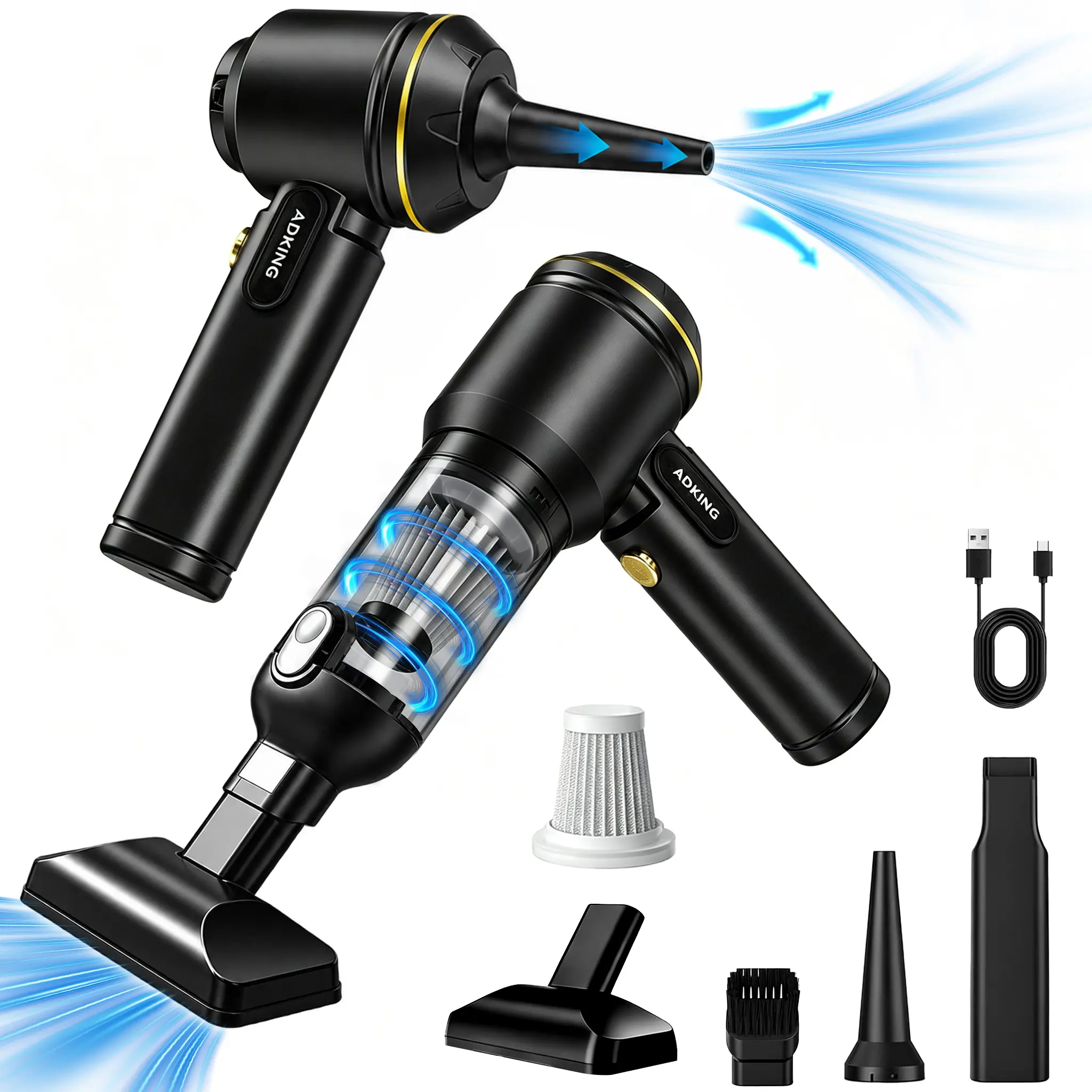 2-in-1 Cordless Handheld Vacuum & Air Duster, Portable Car Vacuum Cleaner with 6000 Pa Suction, 86000 RPM High-Speed Motor, 1-Touch Dust Emptying, Multiple Nozzles for Car, Home, Pet Hair