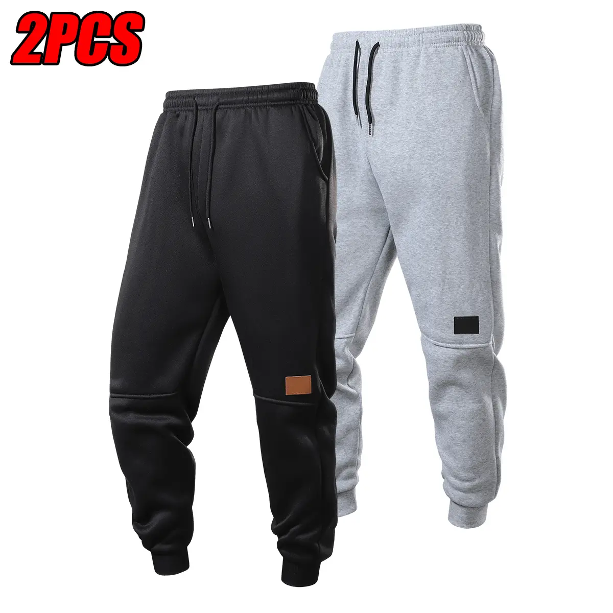 JOGWAVE 2-Pieces Male Polyester Twill Jogger Sweatpants, Knee Panel Stitching Faux Leather Patch Tapered Ankle Length Pants, Drawstring Elastic Waist Ribbed Ankle Machine Wash Casual Trousers for Gym Lounging