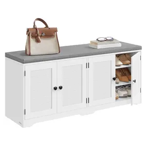 VASAGLE Shoe Storage Bench with Cushion, 3-Tier Entryway Bench with Padded Seat, Doors, Adjustable Shelves, 14 x 47.6 x 20.7 Inches, for Hallway, Bedroom