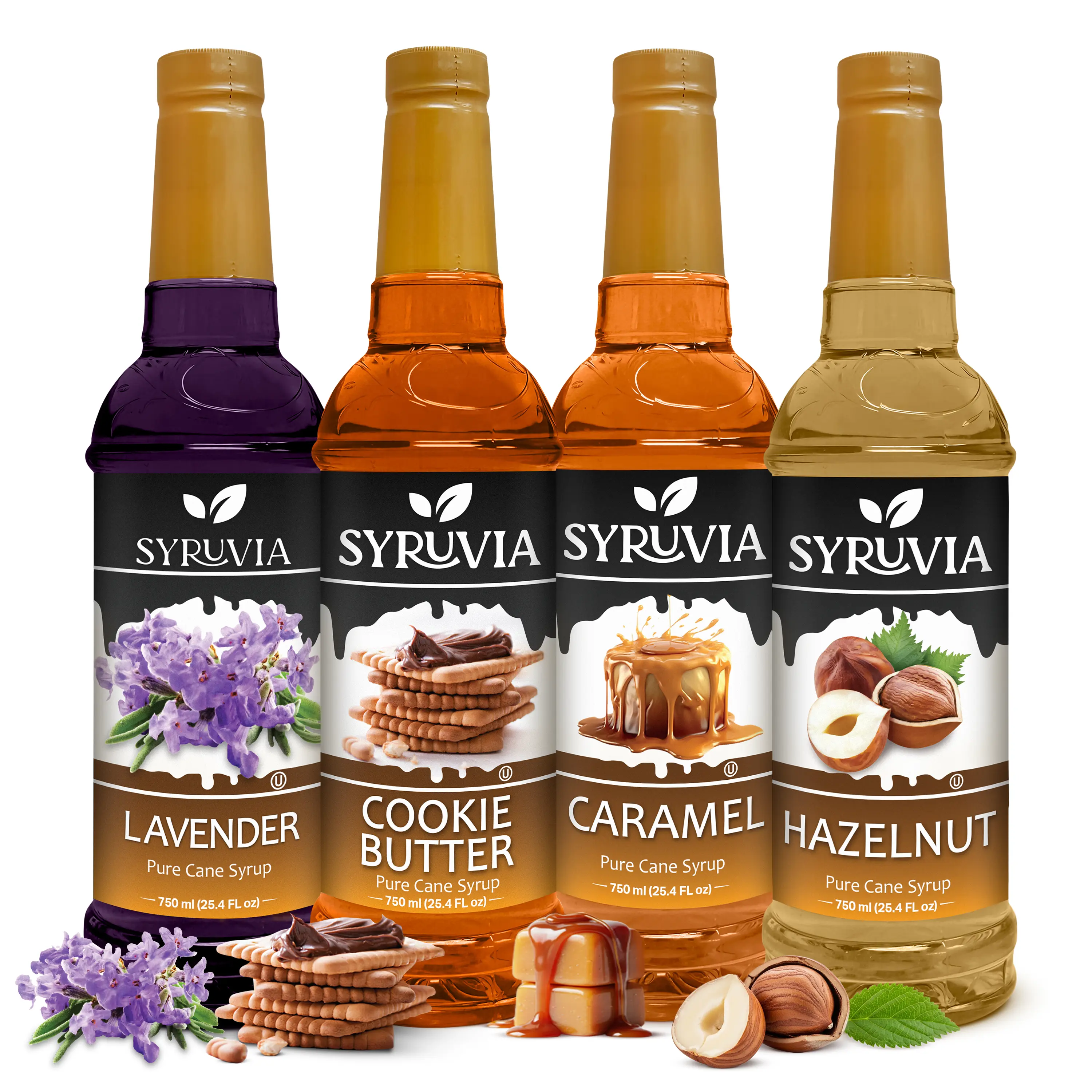 Syruvia Premium Sweet Gluten-Free Sugar-Based Flavored Syrup Variety Pack - Lavender, Cookie Butter, Caramel, Hazelnut - For Coffee, Desserts, Beverages - 25.4 Fl oz Bottles (4 Pack)