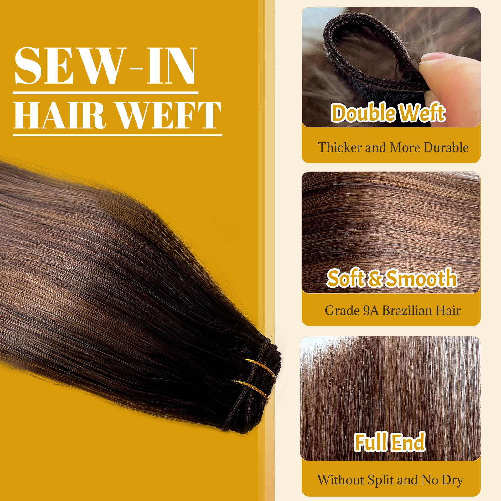 Dark Root Brown Ombre with Soft Highlights Sew In Extensions 24 Inch Real Human Hair Weft Extensions 120G Double Weft Remy Human Hair Bundles For Women Hand Tied Full Head Straight Hair Weaves
