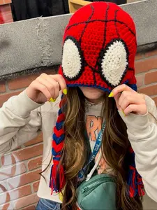 Spider-Man Cartoon Knit Hat, Handmade Warm Couple Pullover Cap, Cute Fall Winter Accessories, Unisex Fashion Headwear