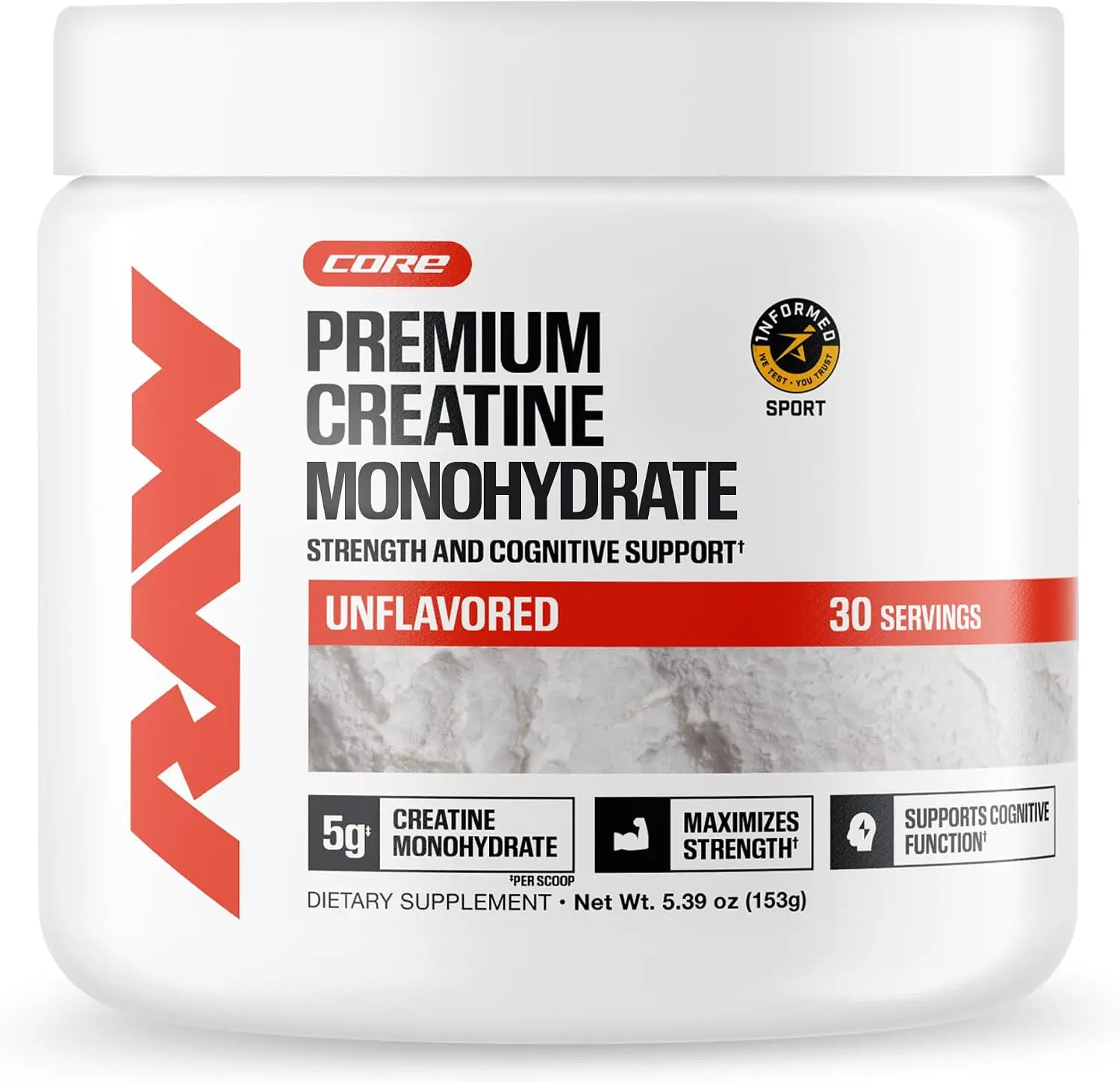 RAW Nutrition Creatine Monohydrate Powder, Unflavored (30 Servings) - Micronized Creatine Monohydrate Supplement for Workout Performance, Build Muscle & Strength - Creatine Powder for Men & Women