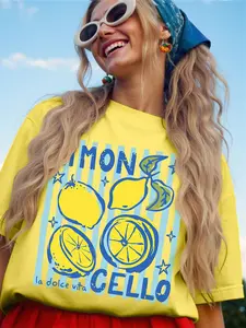 One-Piece women's Lemon-Flavored Lemon Print T-Shirt, Casual and Loose Yellow Short-Sleeved Top, Suitable for Summer Beach Vacations and Everyday Street Style.