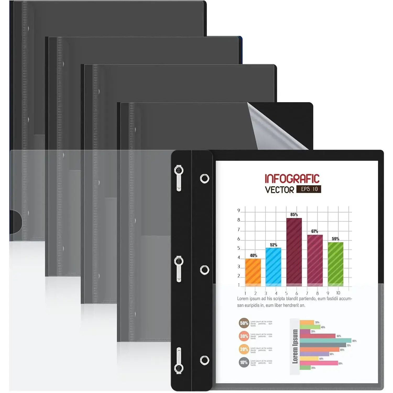 5 Pack Plastic Report Covers with 3 Prongs Fasteners Clear Front Resume Portfolio Folder for 8.5x11 Letter Size Paper, Presentation Document Report Cover for School Office Business, Black