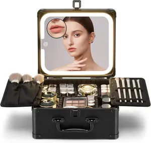 Makeup Box with Detachable Lighted MirrorTravel  Case, /Storage Organizer & Makeup Suitcase with Adjustable Dividers &  LED Mirror (Black)