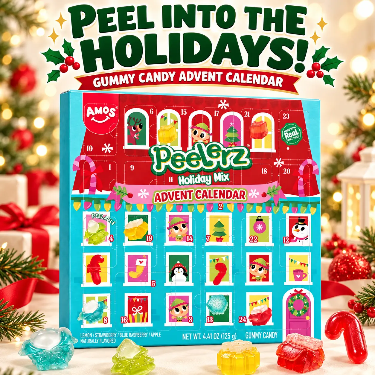AMOS Peelerz Christmas Advent Calendar – Peelable Gummy Candy, 4 Fruity Flavors, 4.41 oz | US Stock – Delivery Within 5 Business Days