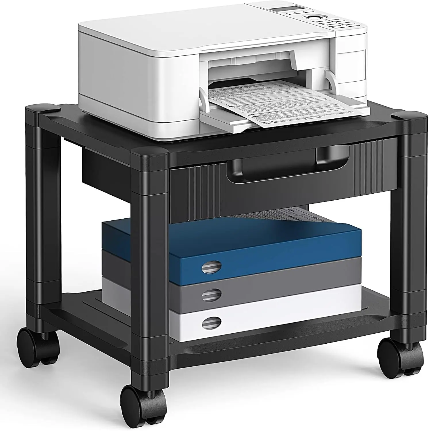HUANUO Printer Stand with Storage Drawer & Cable Management, Adjustable Height Printer Cart with Locking Wheels, 17.2" x 13.2" Top Shelf, 38.5 lb Capacity, HNDPS