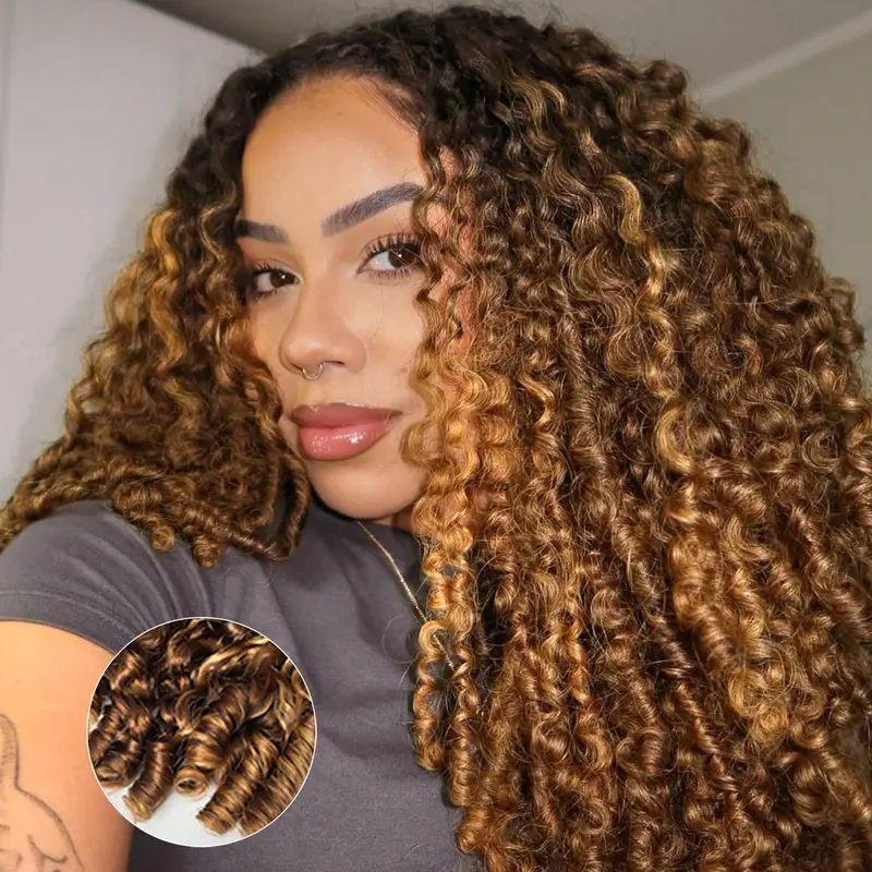 [3 In 1 Half Wig] Burmese Curly Highlight 4/27 Color Wear Go Half Wig With Elastic Drawstring Flip Over Wig Human Hair #TikTokShopBlackFriday