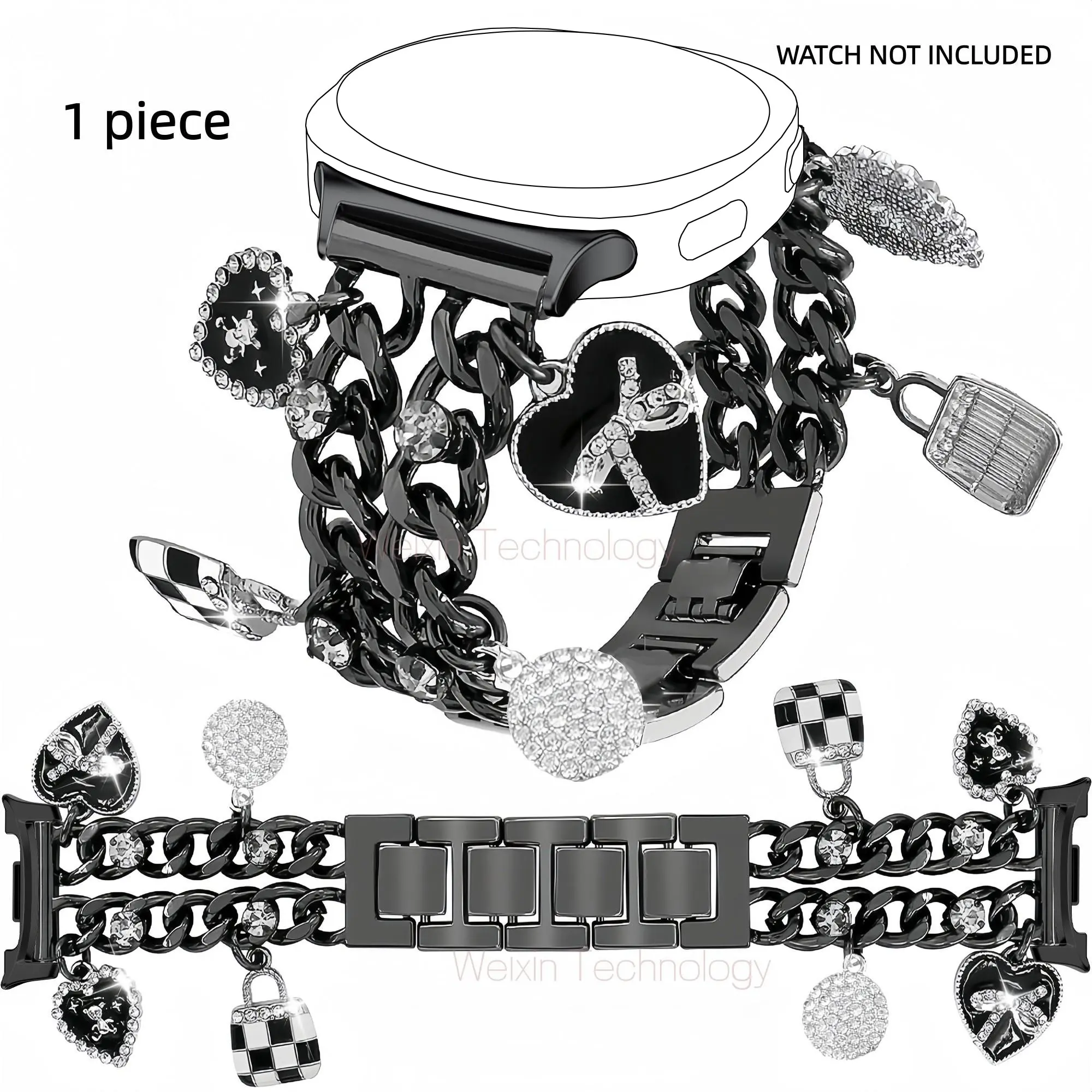Cuban style chain strap compatible with Samsung Galaxy Watch 8 40mm/44mm, Galaxy Watch 8 Classic 46mm women's sparkling diamond metal strap with heart-shaped pendant, Smartwatch Accessories