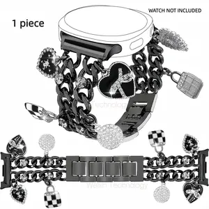 Cuban style chain strap compatible with Samsung Galaxy Watch 8 40mm/44mm, Galaxy Watch 8 Classic 46mm women's sparkling diamond metal strap with cute pendant fashion metal strap paired with heart-shaped pendant Smart Watch Accessories