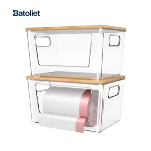 Storage Box With Bamboo Lid, Stackable Trash Bag Dispenser for Gallon Bags, Plastic Trash Bag Rack for Kitchen Sink and Laundry Room Organization, Multifunctional Storage Bin and a Perfect Mother's Day Gift Choice.