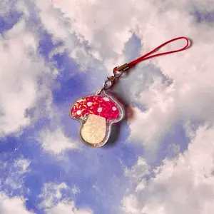 Glittery Holographic Mini Mushroom Charm | 1.5in with Matching Strap for Bags, Purses, Switch, and More