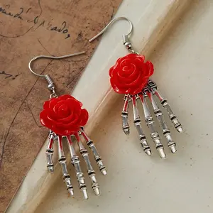Gothic Red Rose And Silver Plated Skull Hand Earrings Wedding Party Holiday Gift For Men And Women Everyday Jewellery mystery jew lery girl