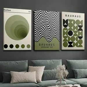 2D flat framed 2D graphic effect, 3-piece set of Bauhaus green abstract wall art posters, modern aesthetic Bauhaus exhibition canvas print, suitable for living room and bedroom decoration, framed vintage geometric art collection, wooden frame