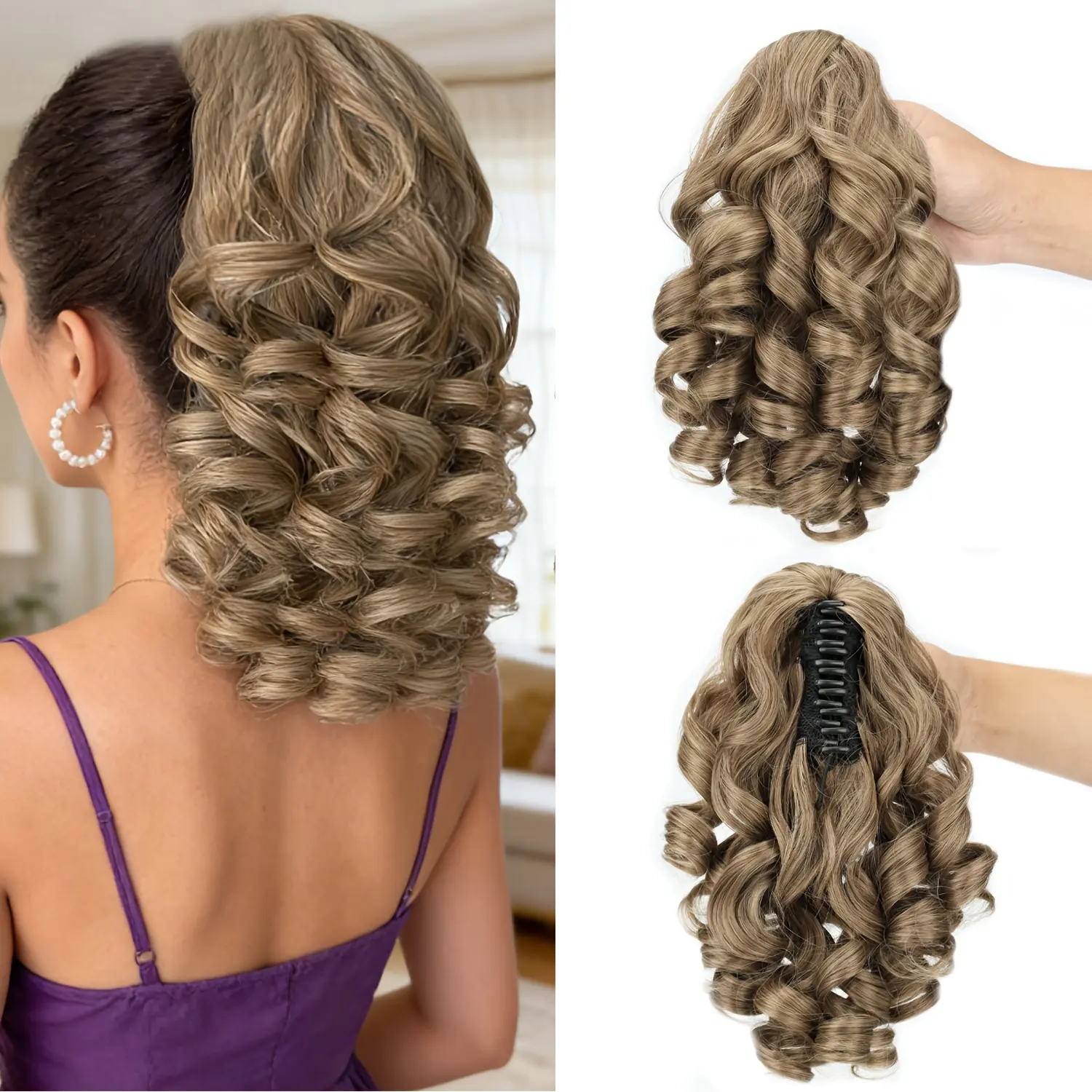 16Inch Curly Wavy Claw Clip Ponytail Hair Extensions ,Heat-Resistant Synthetic Hair, for Women Ponytail Hairpiece For Daily Use