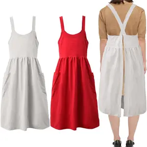 Cotton Linen Apron Cross  Work Apron for Women with Pockets Pinafore Dress X Cross Halter Apron for Chef Gardening