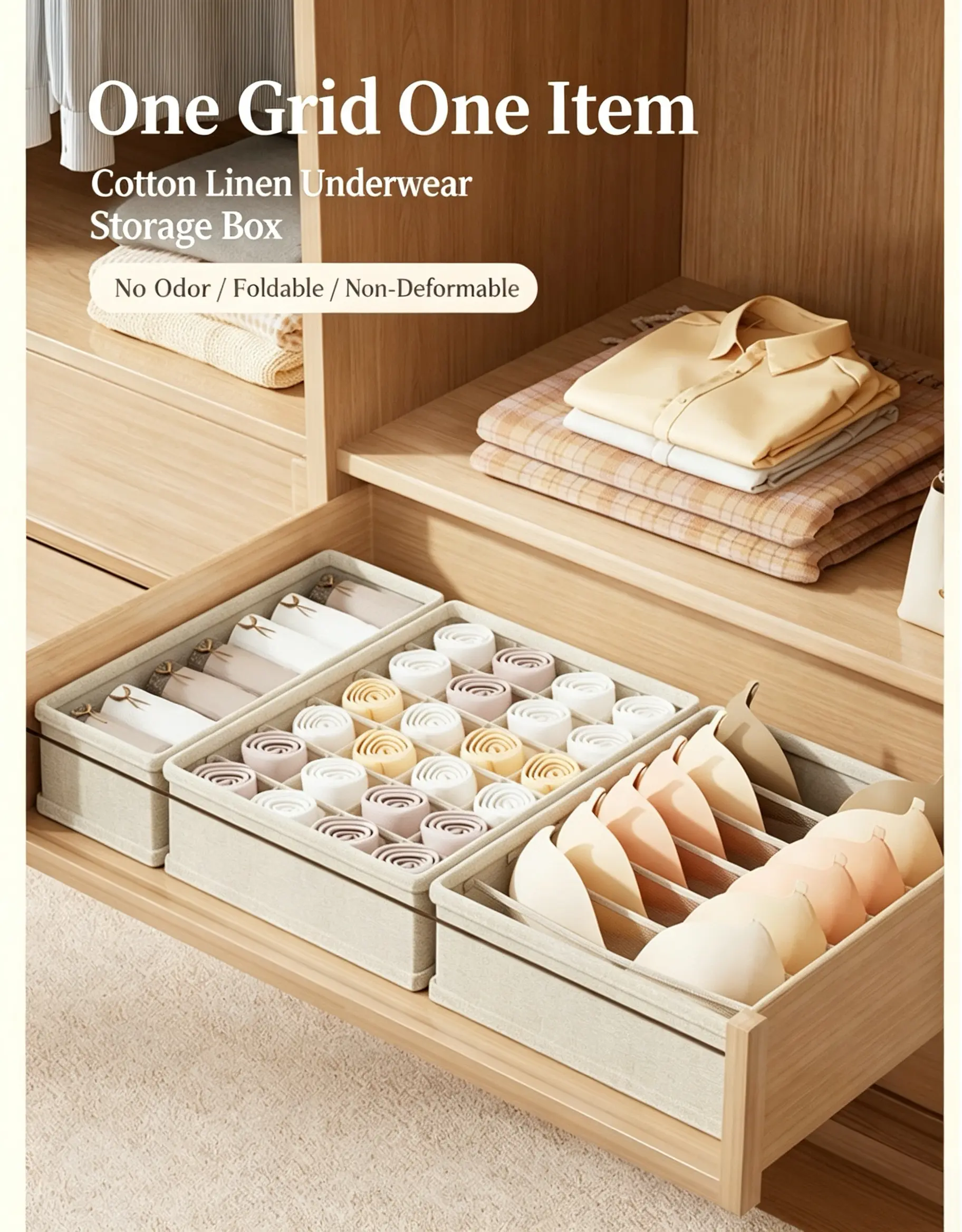 Foldable Underwear Storage Drawer Organizer, Divided Lingerie Storage Box for Closet
