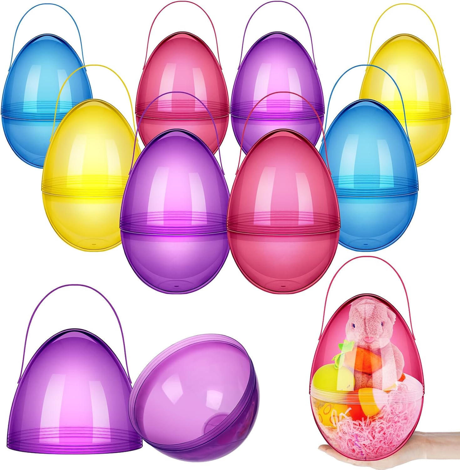 4/8 Pcs Jumbo Easter Eggs 10 Inch Plastic Giant Easter Eggs with Handle Clear Large Baskets for Egg Hunt,Easter Gift buckets for Student Adult Office Employee Coworker,Outdoor Church School Classroom Decorations,Spring Birthday Party Supplies