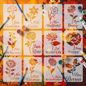 Set of 12 Floral Templates, Monthly Flower Designs, Reusable for Art Projects, Canvas, Fabric, Diary, Cards, Home Decor Gifts