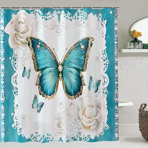 Elegant Butterfly & Floral Shower Curtain Set, Bathroom Shower Equipment, Waterproof Polyester, Includes Hooks, Toilet Lid Cover, Mat, Home Decor, Holiday Gift, Home Goods, Bathroom Decor And Accessories, Bathroom Decoration Accessories