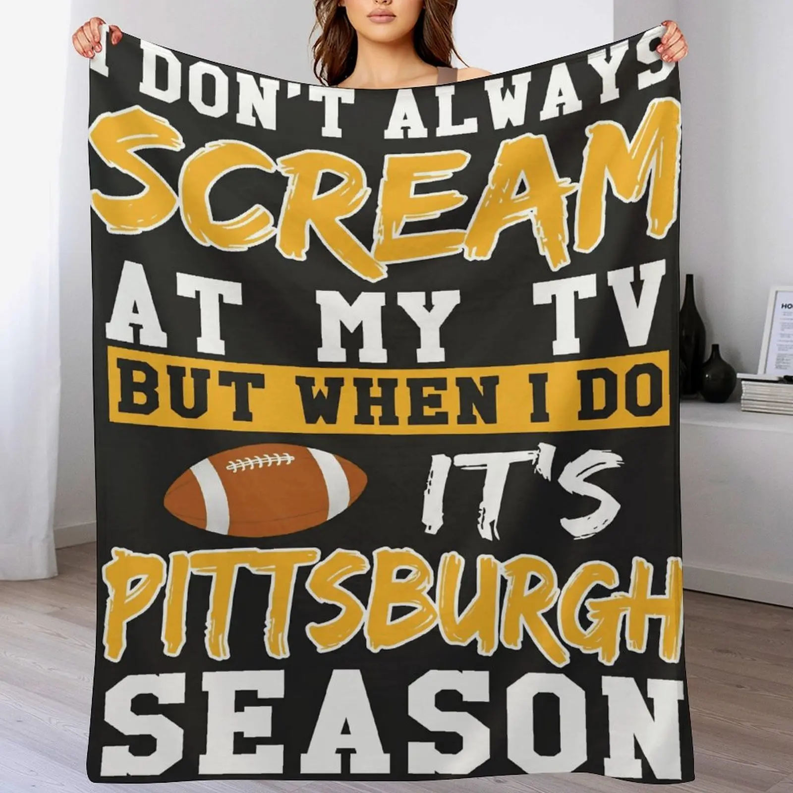 Pittsburgh Football Blanket, Funny Scream at TV Quote Throw, Retro Sports Fan Gift for Men, Vintage Black Gold Game Day Aesthetic Soft Flannel Blanket