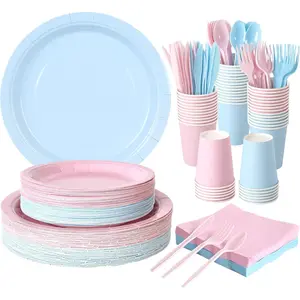 350 count  Plates and Cups Set, Light  and Light Blue 7 Inch and 9 Inch Paper Plates with 9 oz Cups, Napkins and Plastic Cutlery for  Party