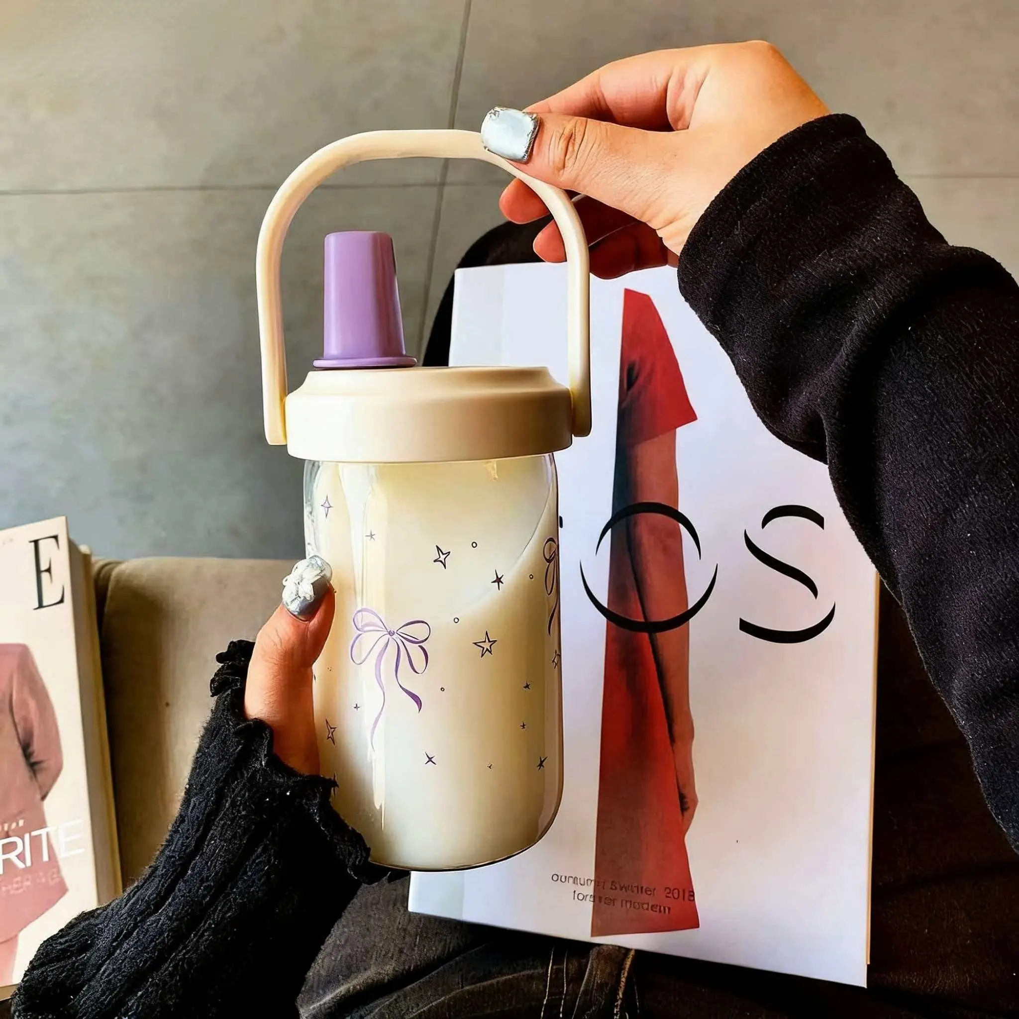 High-Value Simple Design Cup with Printed Bow, Portable Handle, Food Grade Plastic, Tea Latte Coffee Cold Drink Cup Tumbler