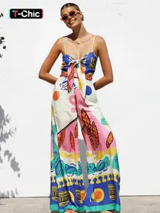 Women's Fashion Beach Cinched-Waist Halter Open Knot Neck Wide Leg Jumpsuit, Slim-Fitting All over Print Long Pants, Natural Waist