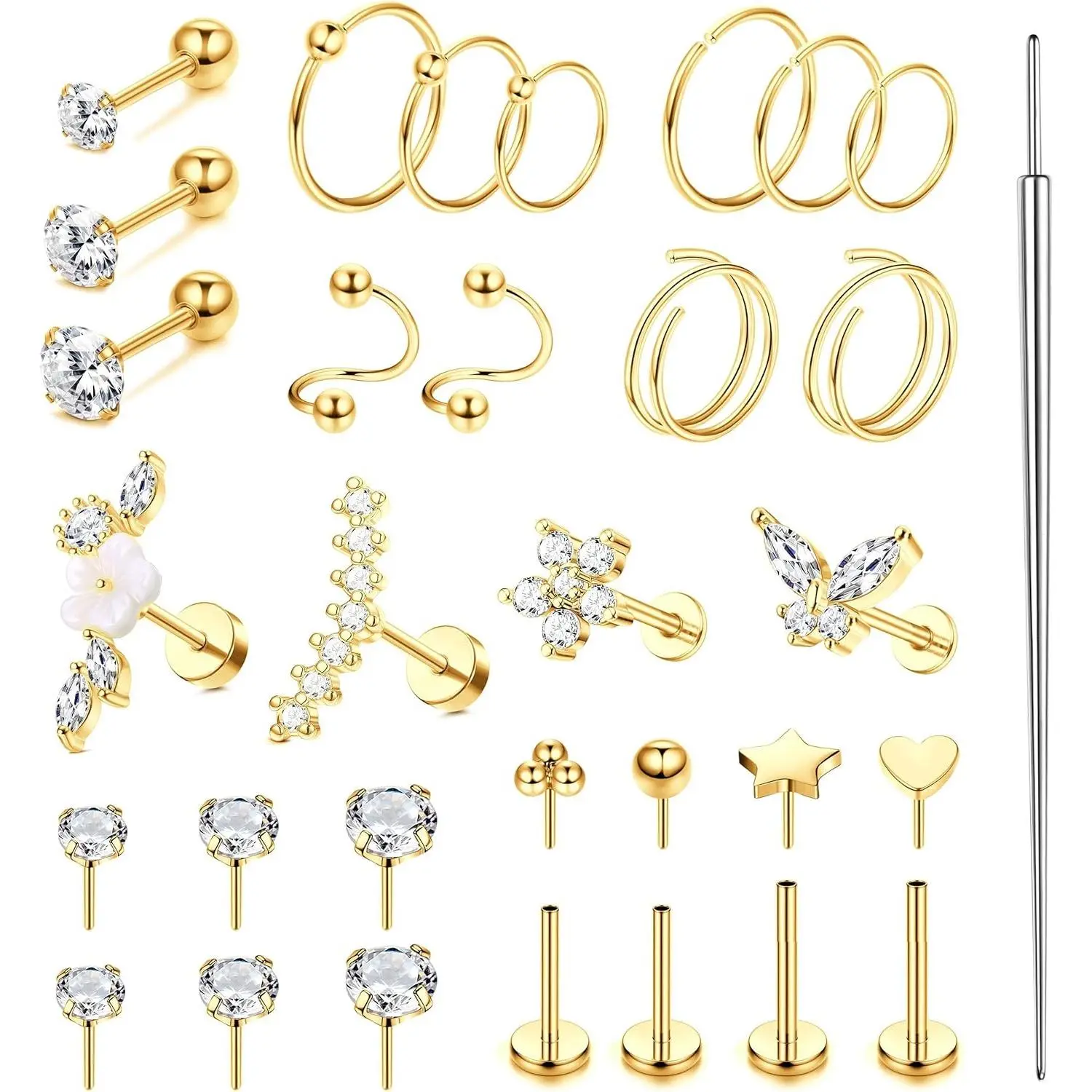 YADOCA Female Geometric Hypoallergenic Surgical Steel Body Piercing Jewelry, 16-20G Threadless Flat Back Artificial Zircon Push-In Studs & Helix Pierced Ring, Multi-Size for Tragus Nose Lip Labret