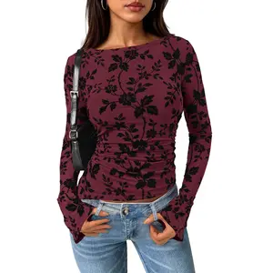 PrettyGarden Womens' Long Sleeve Floral Mesh Tops Blouse Spring&Fall Trendy Boat Neck Ruched Fitted Shirt Going Out Date Outfits
